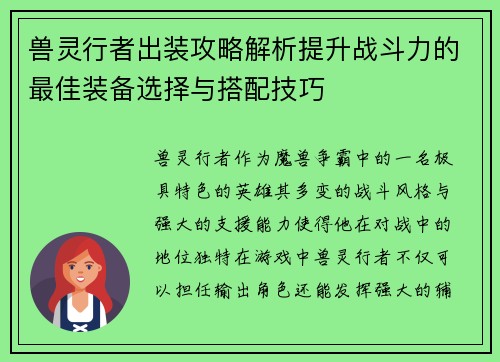 兽灵行者出装攻略解析提升战斗力的最佳装备选择与搭配技巧 兽灵行者出装攻略解析提升战斗力的最佳装备选择与搭配技巧